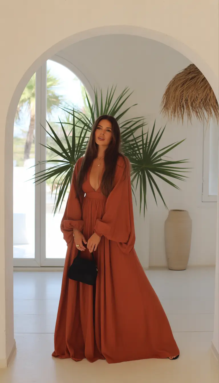 spring outfits boho 2026 Deep Terracotta Maxi Drama