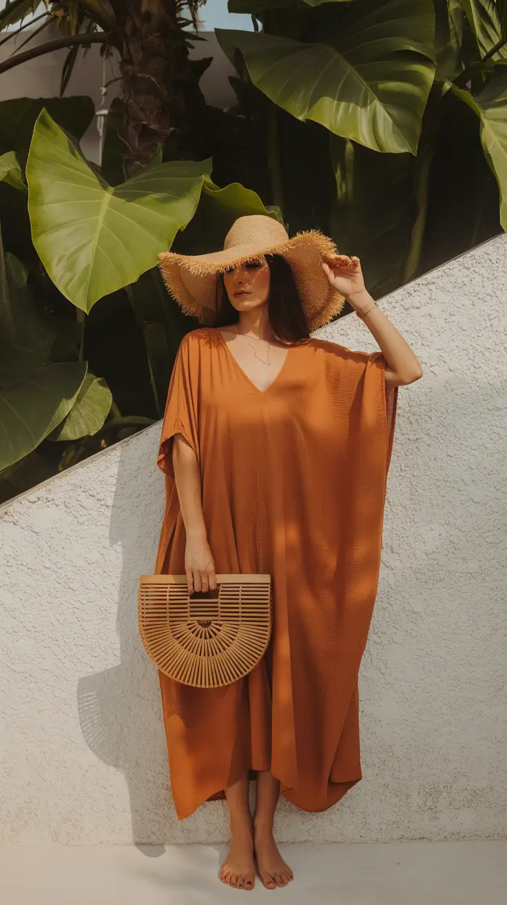 spring outfits boho 2026 Kaftan Chic with a Straw Hat Moment