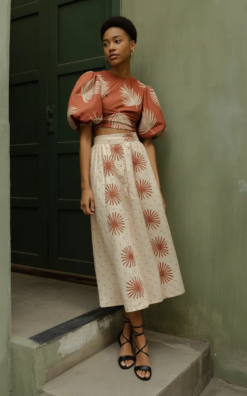 spring outfits boho 2026 Sunset Puff Sleeves and a Breezy Midi Skirt