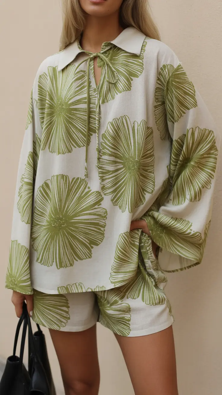 spring outfits boho 2026 Green Floral Lounge Set for Everyday Spring