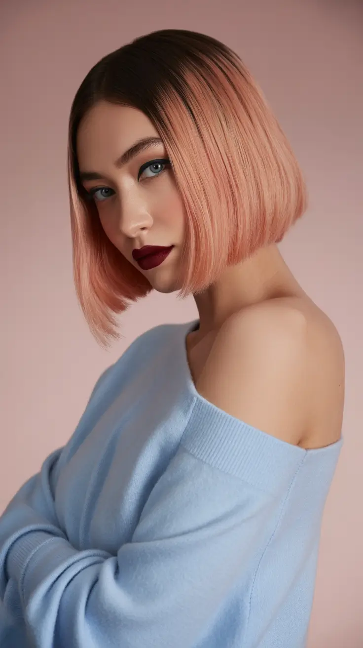 spring ombre hair color 2026 Peach Ombre Bob With Dark Roots