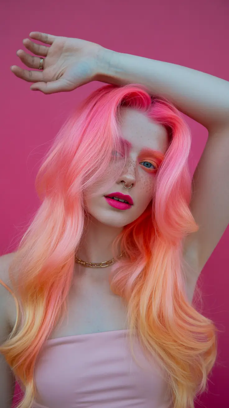 spring ombre hair color 2026 Neon Peach Reverse Ombre Glow