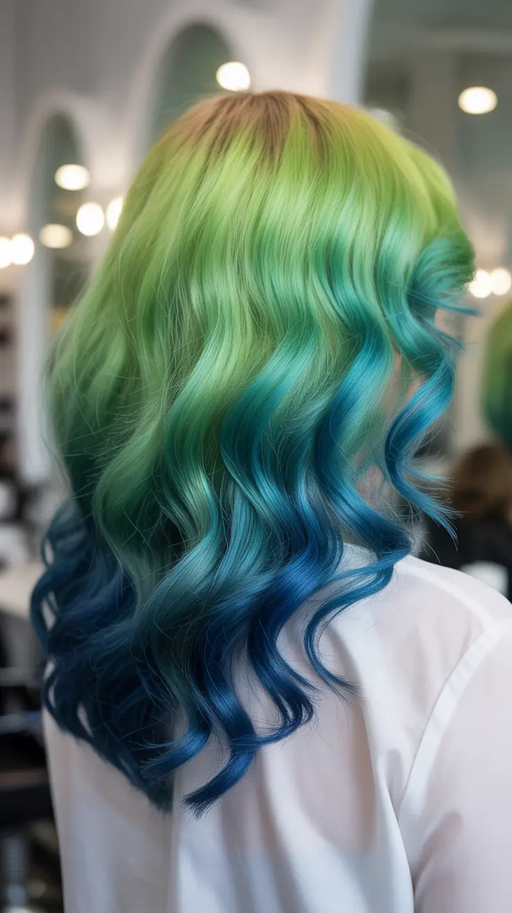 spring ombre hair color 2026 Green To Ocean Blue Ombre Waves