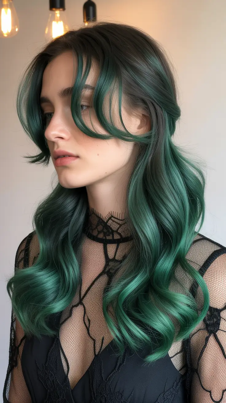 spring ombre hair color 2026 Emerald Ombre Waves With Dark Roots