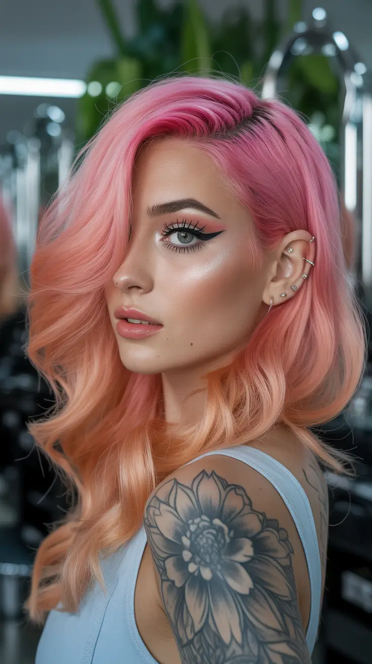 spring ombre hair color 2026 Peach Pink Ombre With Glam Side Part