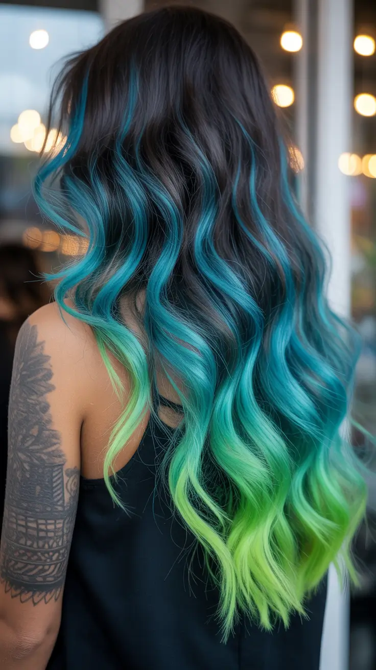 spring ombre hair color 2026 Ocean Blue To Lime Ombre On Dark Hair