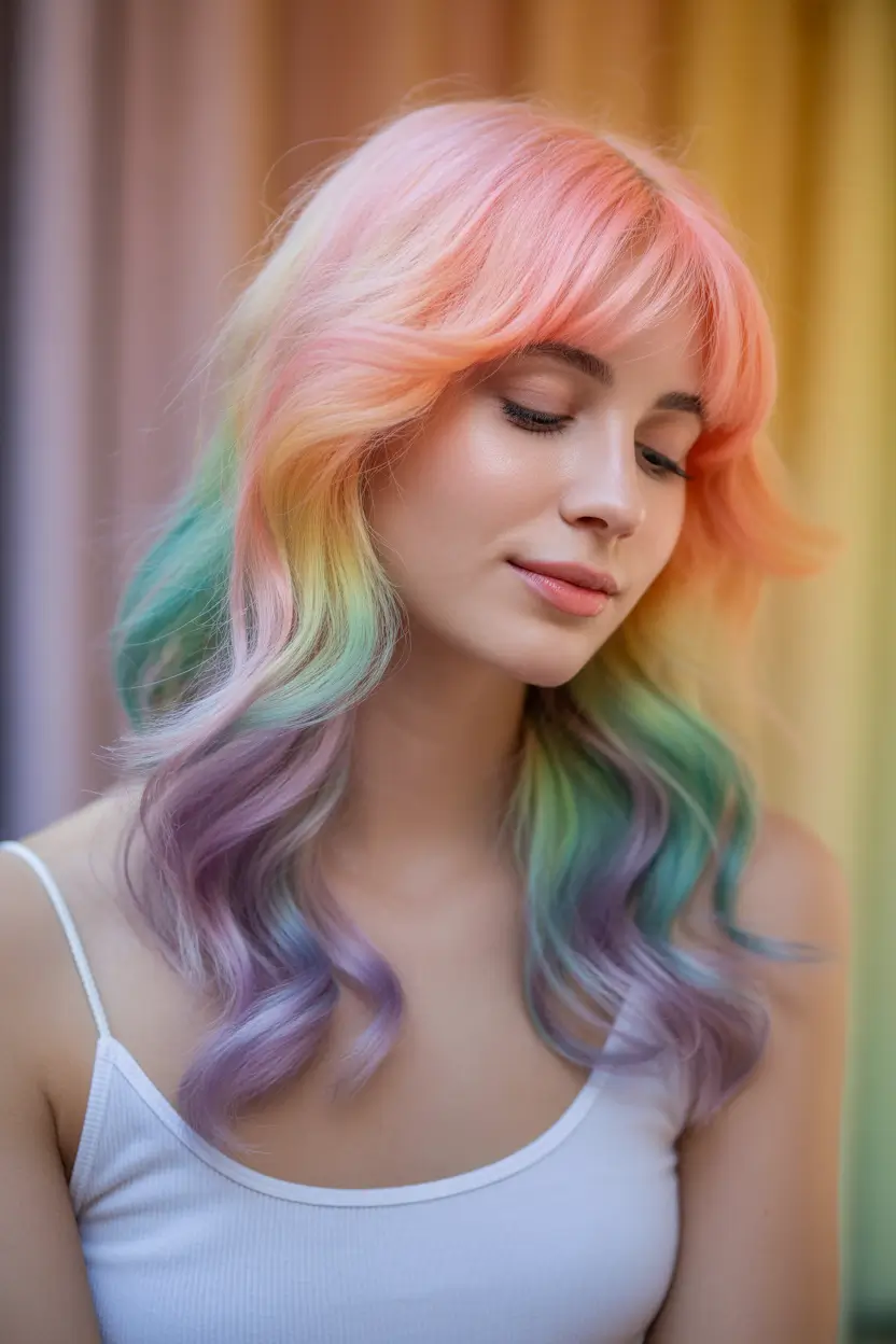 spring ombre hair color 2026 Pastel Rainbow Ombre With Soft Waves