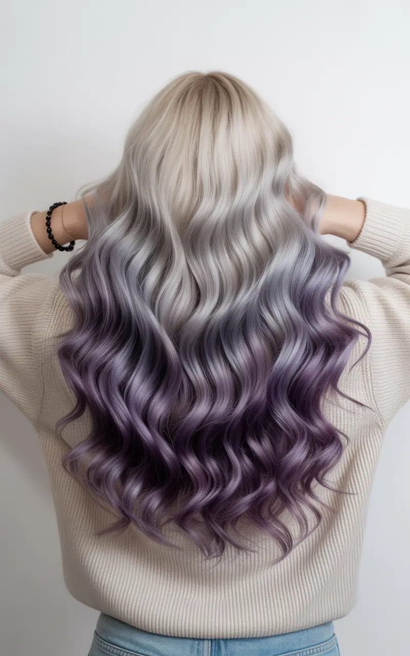spring ombre hair color 2026 Silver To Purple Ombre With Glossy Length