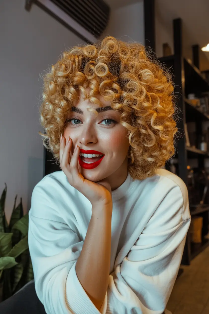 spring blonde hair color 2026 Vintage-Inspired Blonde Curls With Bright Finish