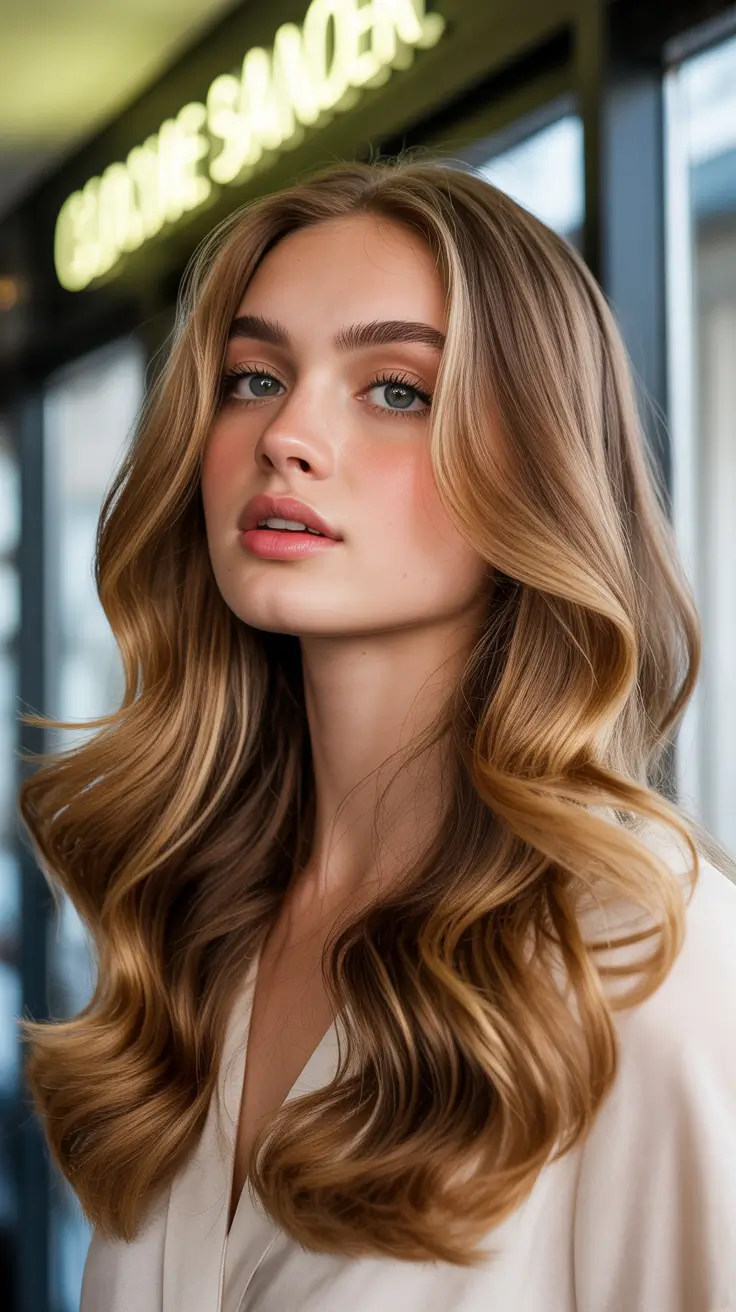 spring brunette hair color 2026 Balayage Caramel Highlights With Soft Waves