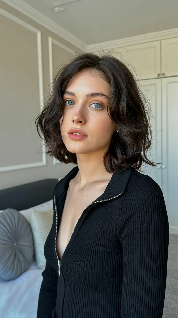 spring brunette hair color 2026 Soft Short Brunette With Natural Texture