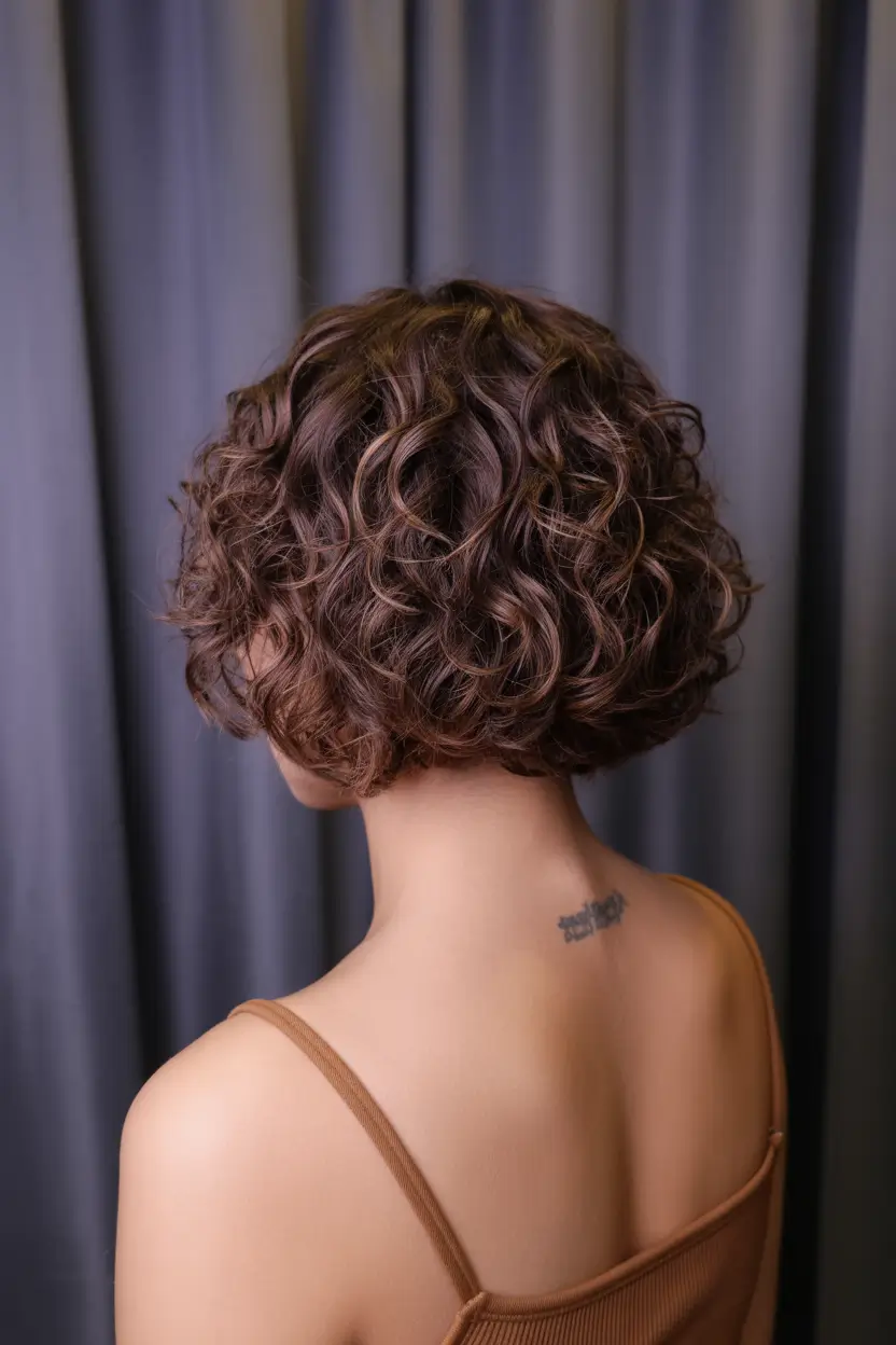 spring brunette hair color 2026 Curly Brunette Bob With Warm Dimension