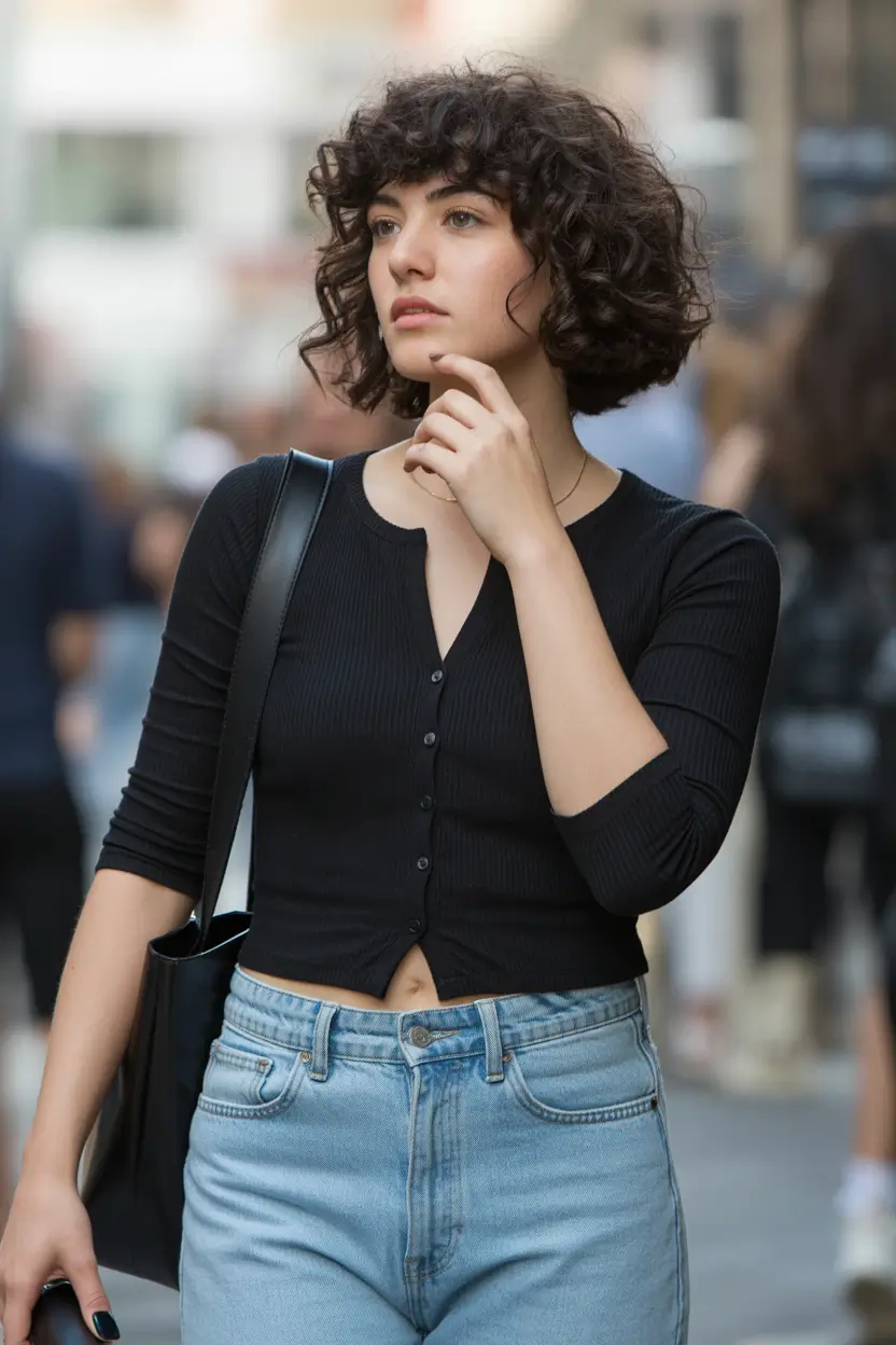 spring brunette hair color 2026 Soft Curly Bob With Natural Brunette Depth