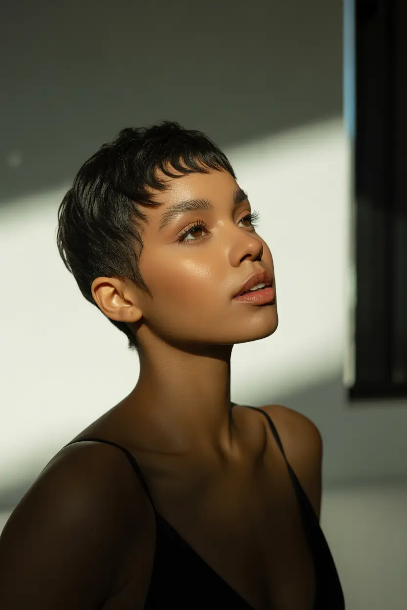 spring brunette hair color 2026 Ultra Short Brunette With Clean Lines