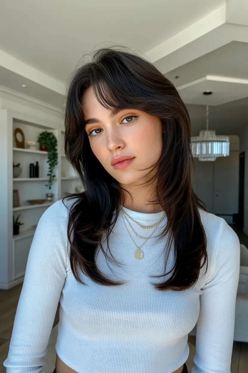 spring brunette hair color 2026 Dark Brunette With Soft Bangs