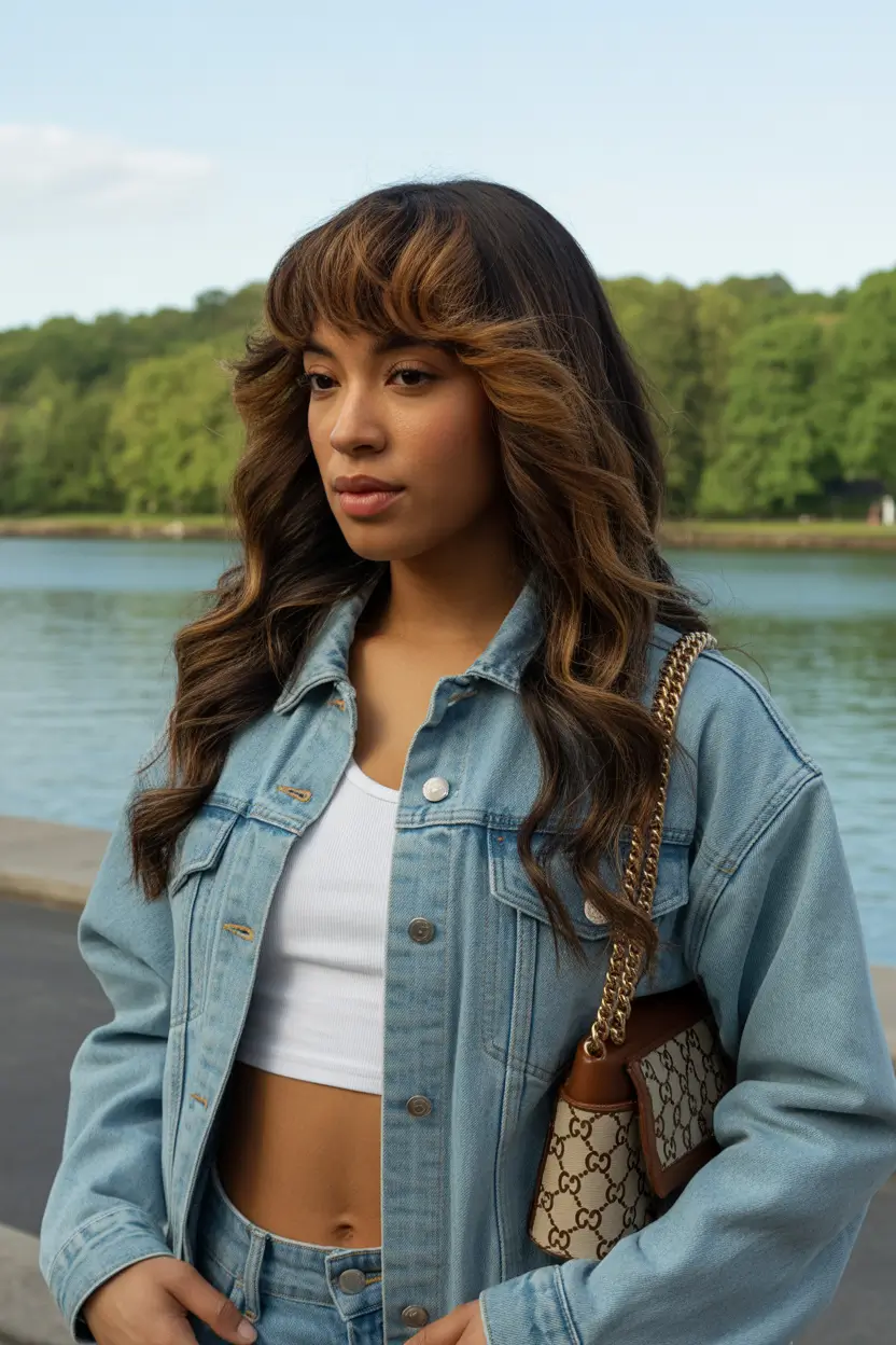 spring hair color for brown skin 2026 Soft Fringe With Sunlit Brunette Layers