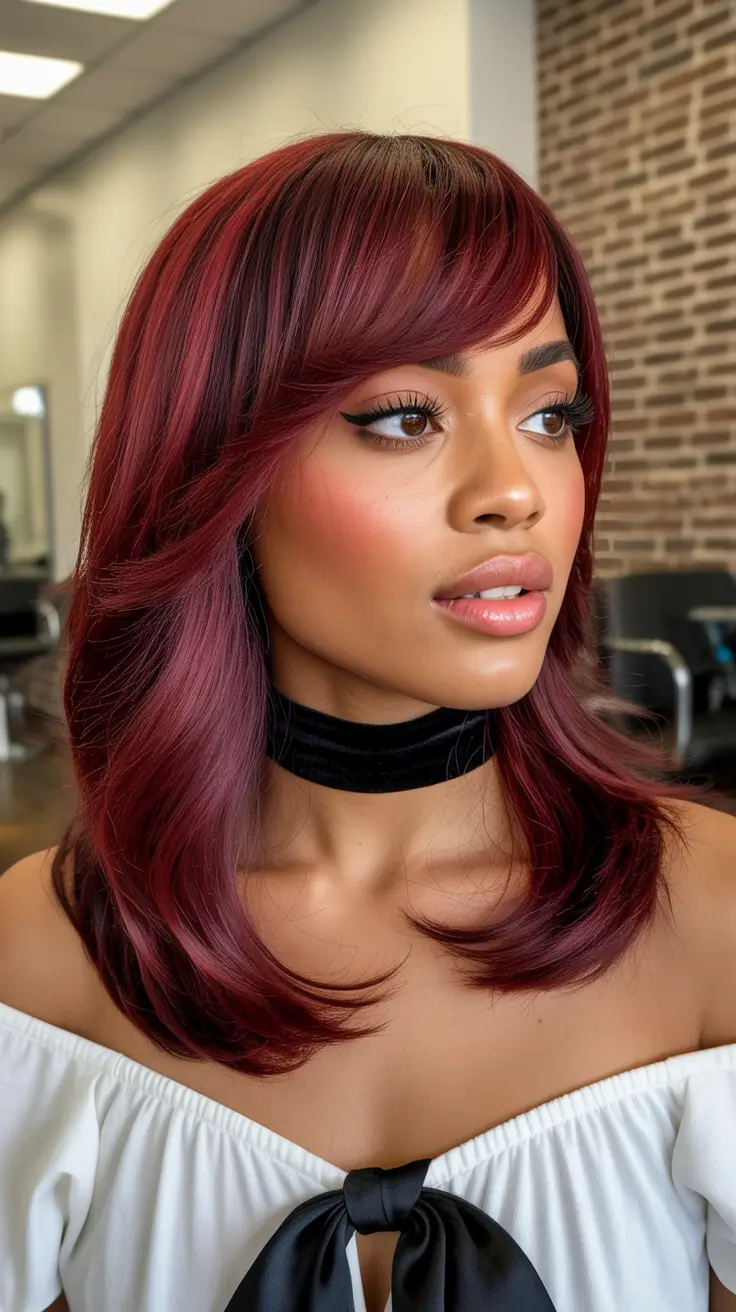 spring hair color for dark skin 2026 Deep Cherry Red With Sleek Layers