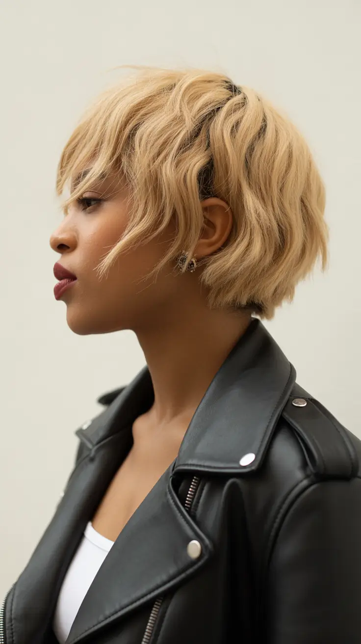 spring hair color for dark skin 2026 Layered Honey Blonde Pixie