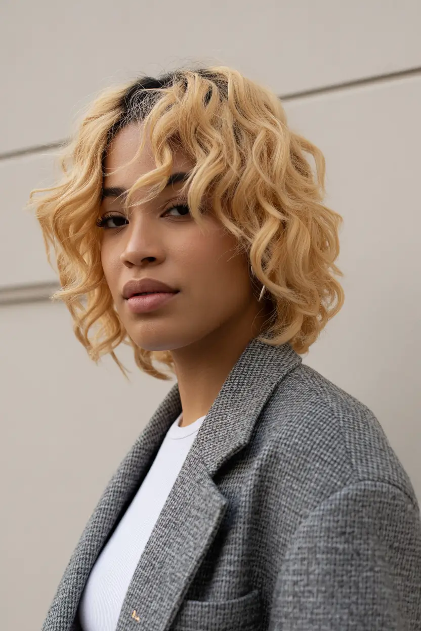 spring hair color for dark skin 2026 Golden Curly Bob With Dimension