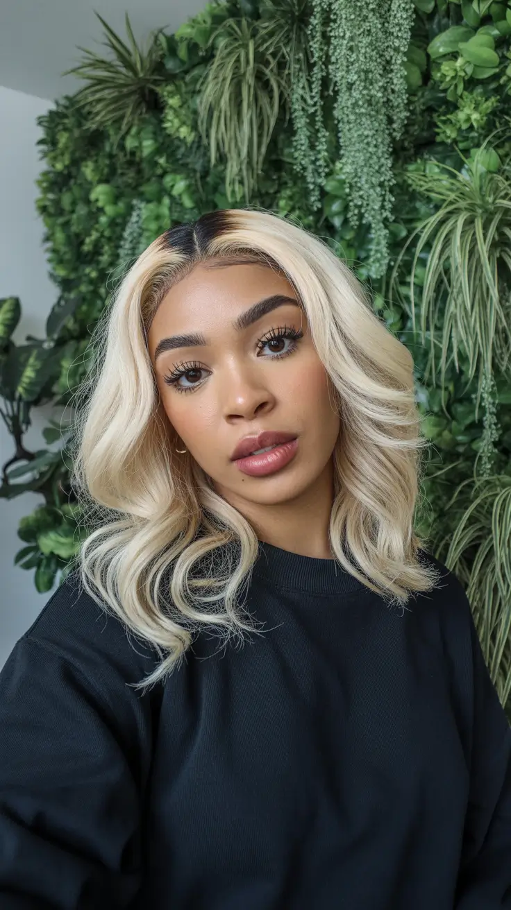 spring hair color for dark skin 2026 Rooted Champagne Blonde Waves