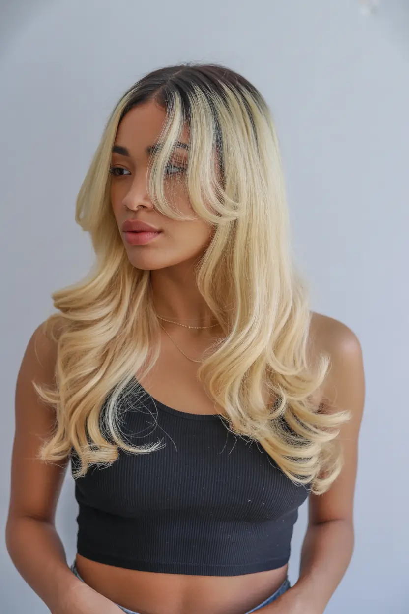 spring hair color for dark skin 2026 Buttercream Blonde With Soft Curtain Layers