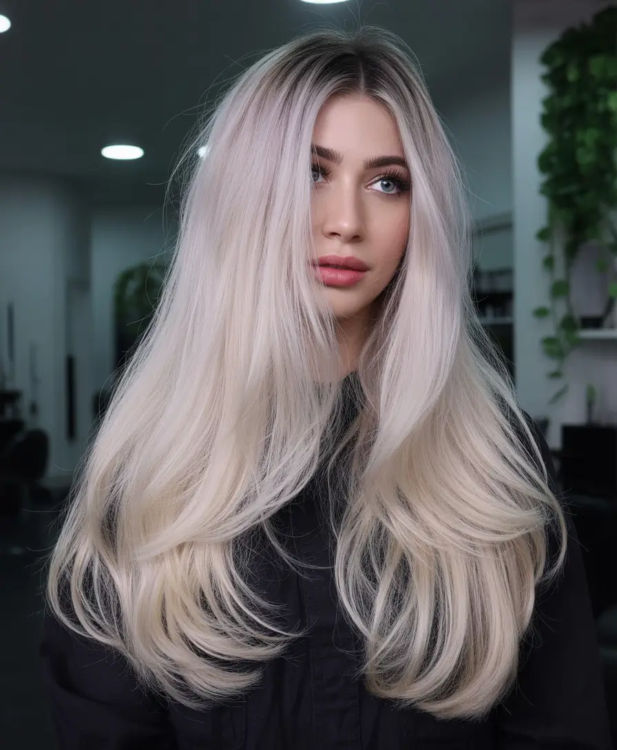 spring hair color for tan skin 2026 Icy Silver Blonde With Sleek Volume