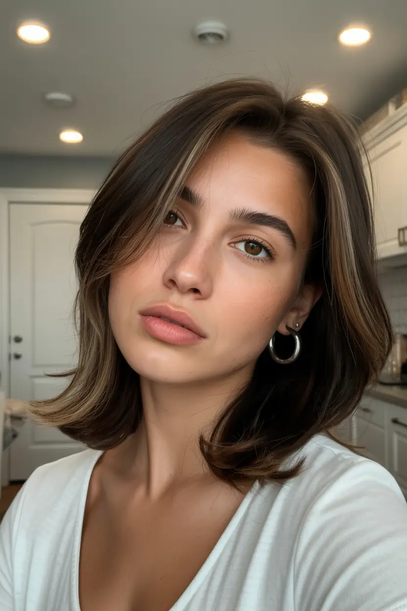 spring hair color for tan skin 2026 Chocolate Brown With Soft Face-Framing Light