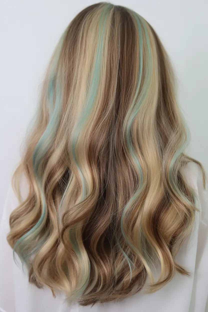 spring hair color for tan skin 2026 Soft Blonde With Mint Highlight Ribbons