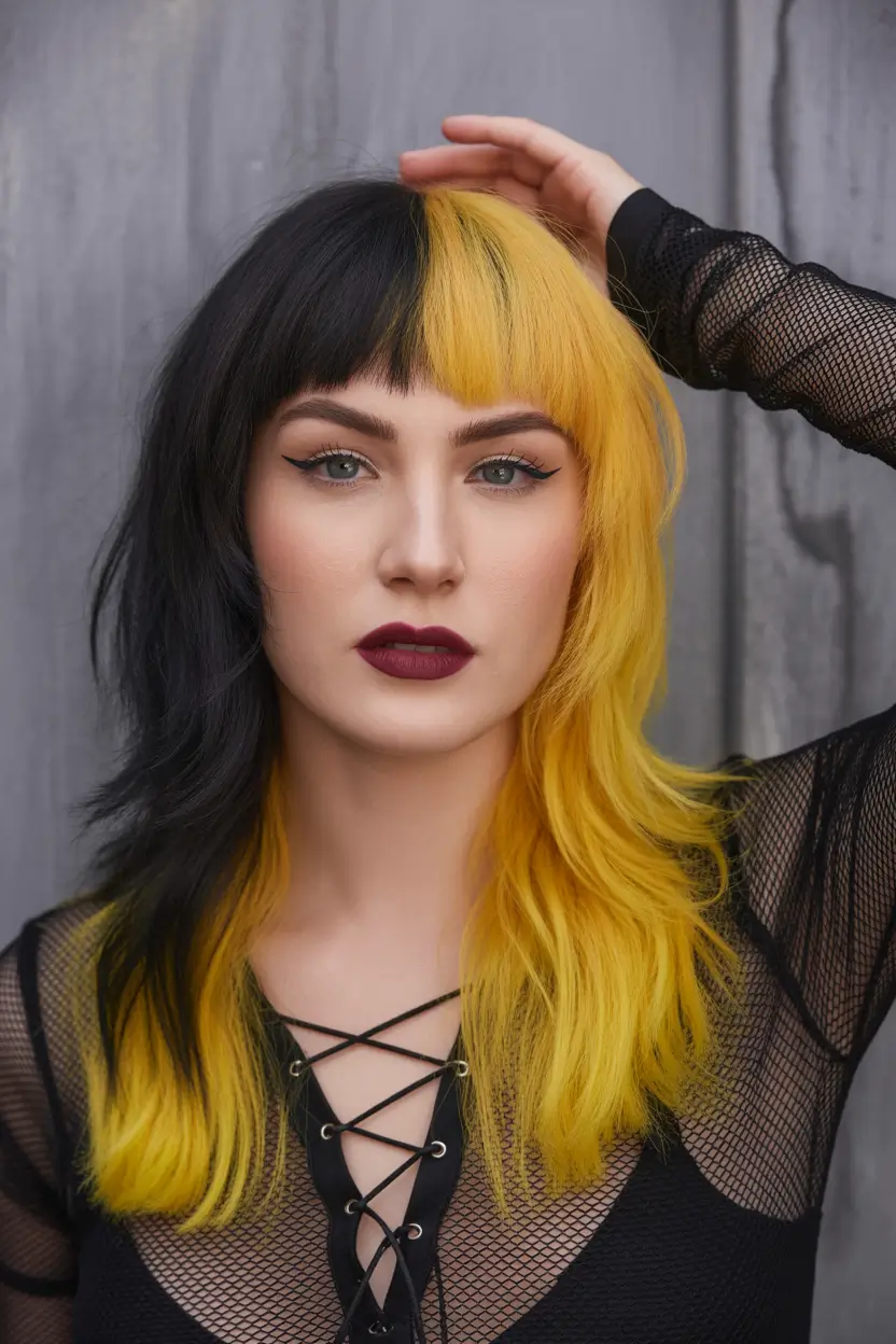 spring hair color for tan skin 2026 Half Black Half Yellow Statement Cut
