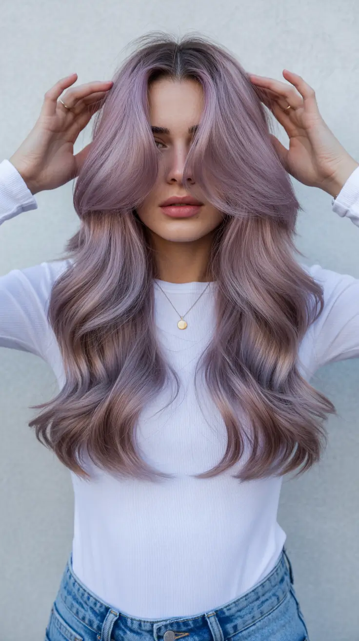 spring hair color trends 2026 Lavender Brunette With Soft Layers