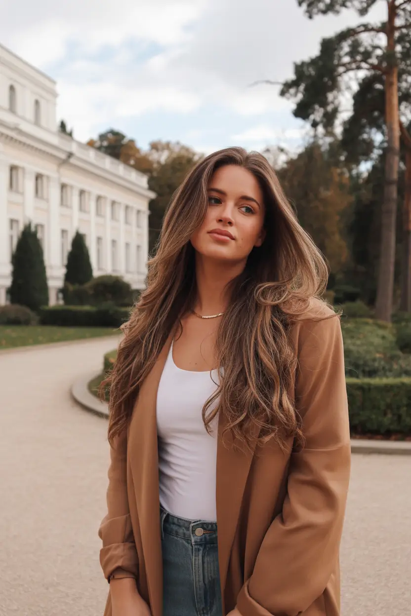 spring hair color warm skin tone 2026 Soft Chestnut Layers with Natural Flow