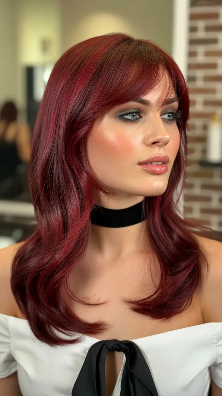 spring hair trends 2026 Deep Red Layers with Bangs