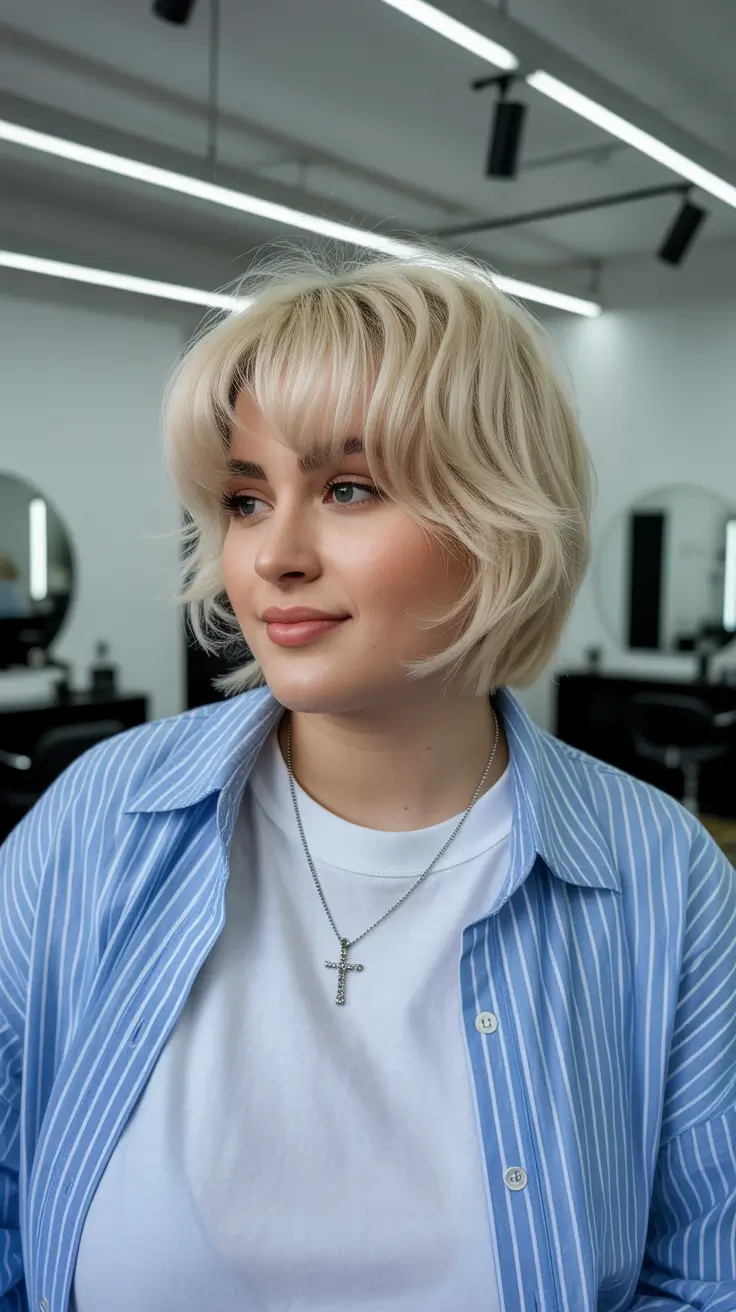 Spring Haircuts for Chubby Faces 2026 Feathered Platinum Short Shag with Soft Fringe