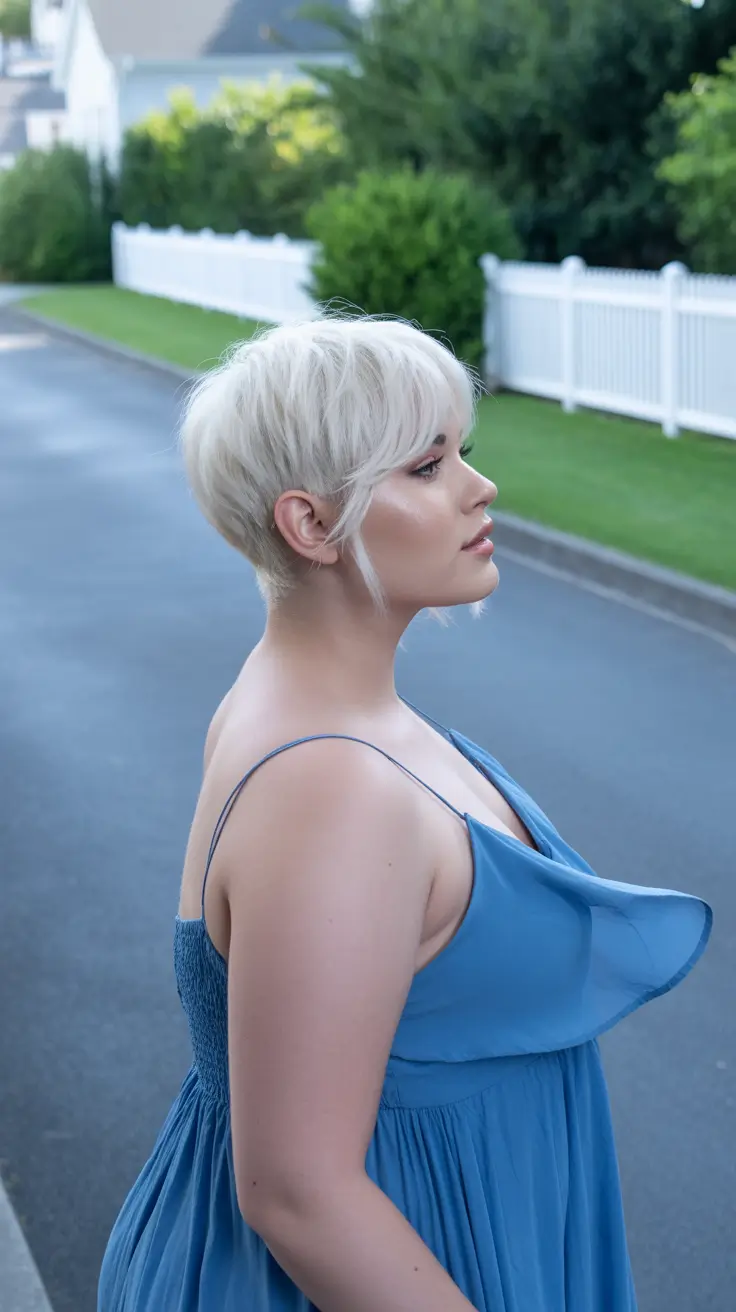 Spring Haircuts for Chubby Faces 2026 Ultra Short Platinum Pixie with Soft Side Detail