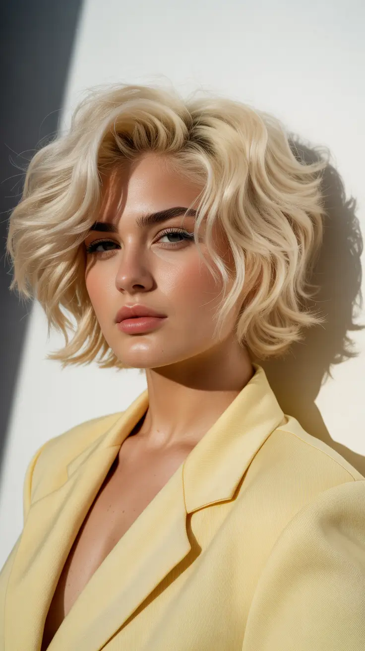 Spring Haircuts for Chubby Faces 2026 Textured Platinum Shaggy Bob