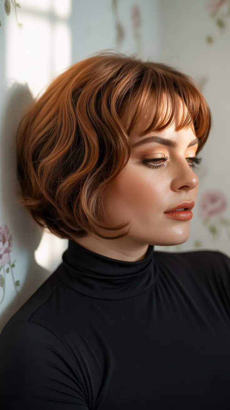 Spring Haircuts for Chubby Faces 2026 Soft Auburn Shag with Curtain Fringe