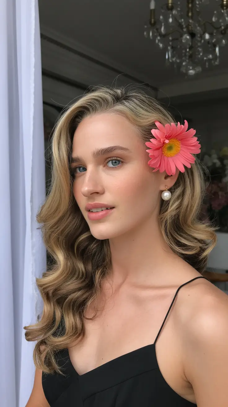 spring Haircuts for square Face Shape 2026 Romantic Waves With Floral Accent