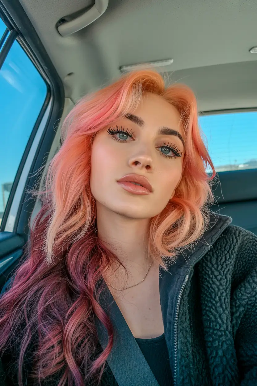 spring Haircuts for square Face Shape 2026 Peach-Toned Layered Waves with a Soft Side Sweep