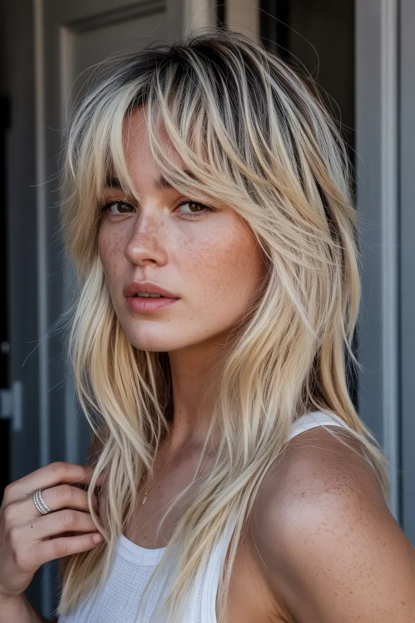 spring Haircuts for square Face Shape 2026 Long Wavy Shag With Textured Bangs