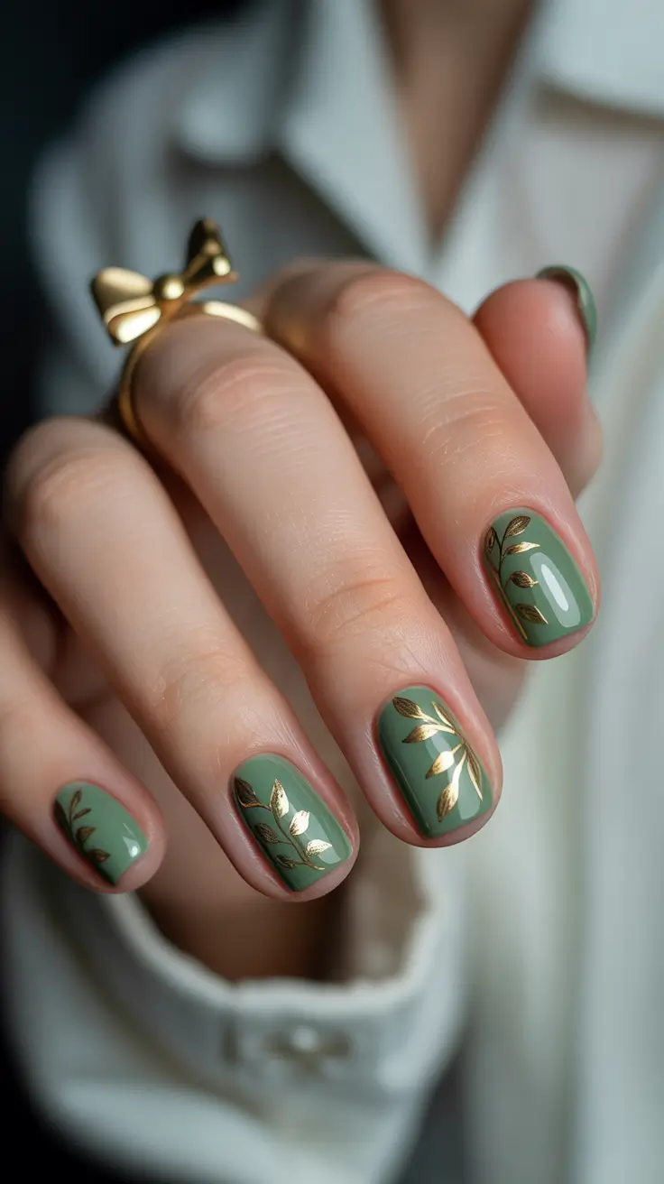 best spring nail colors 2026 Soft Sage Green With Golden Botanical Details