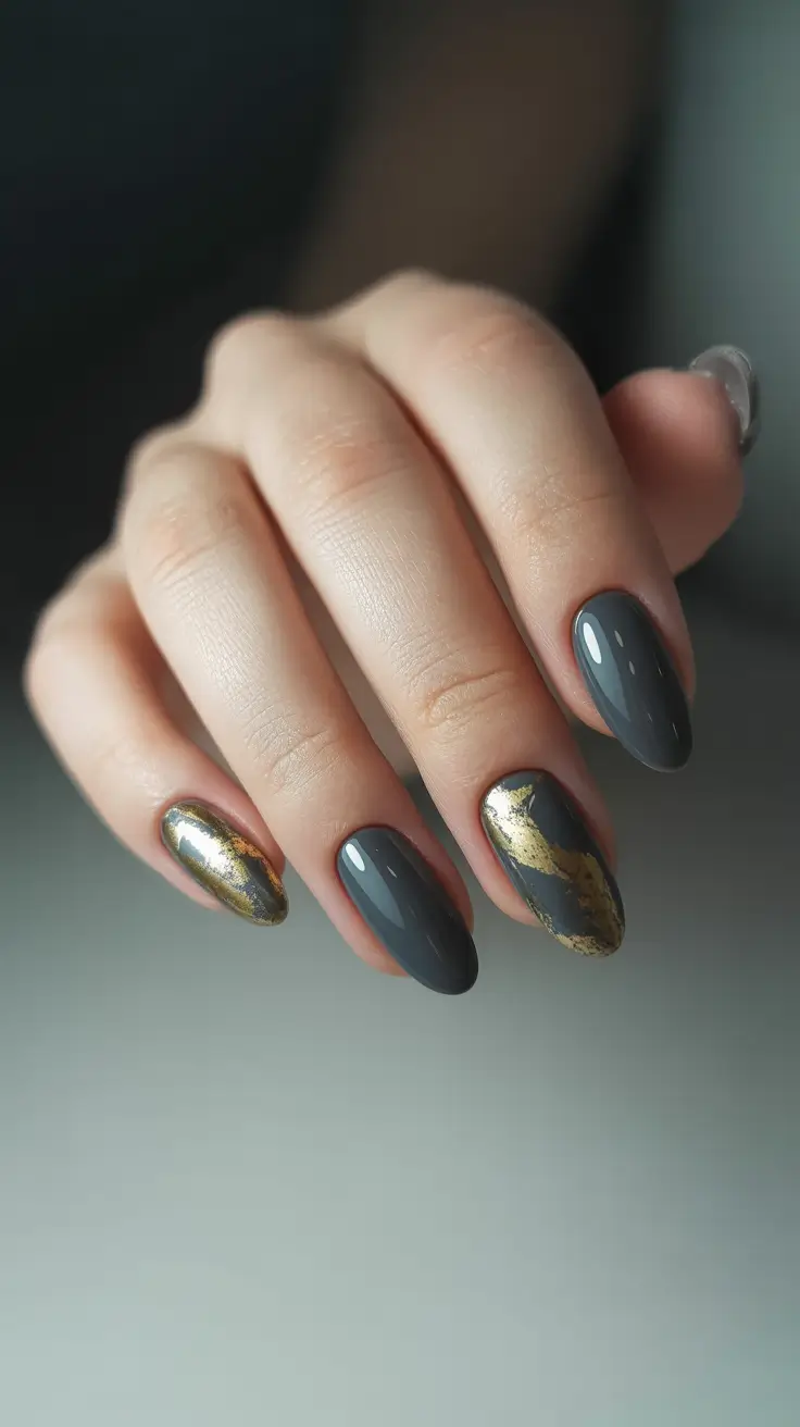 best spring nail colors 2026 Charcoal Gray With Metallic Gold Foil Accents