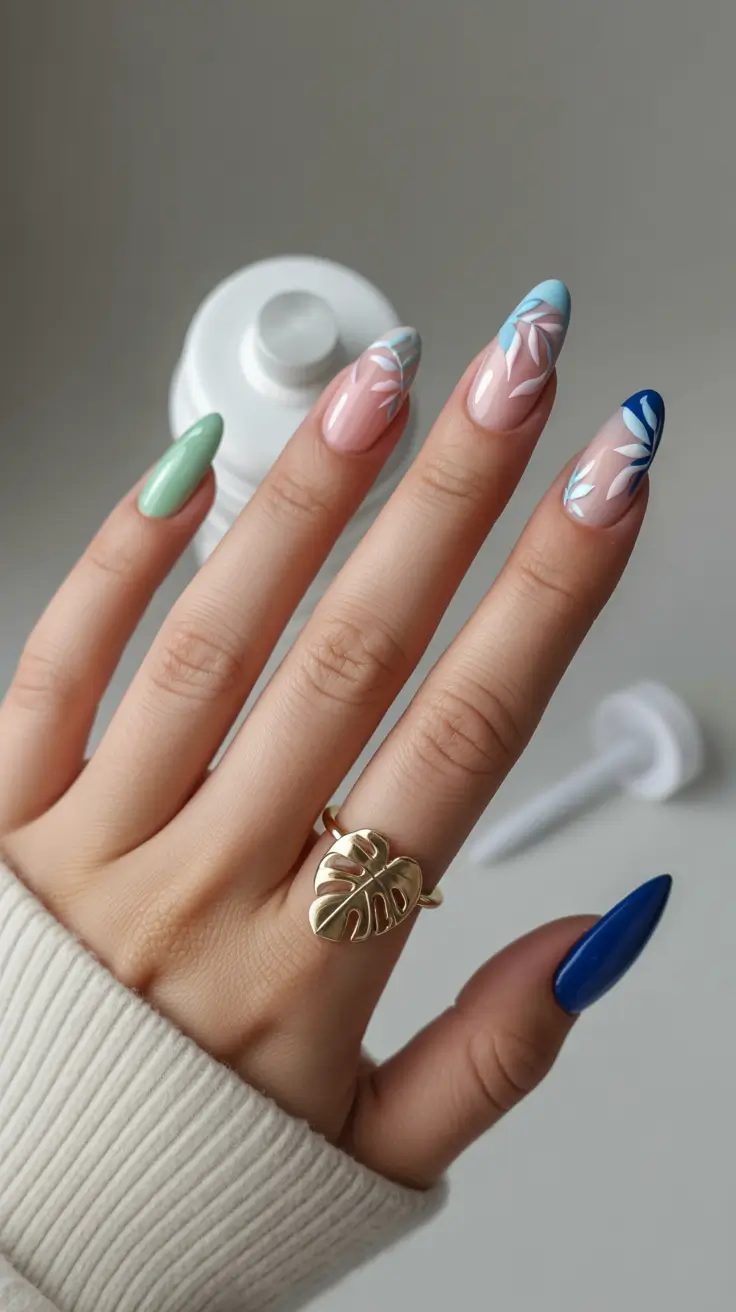 best spring nail colors 2026 Pastel Mix Almond Nails With Soft Botanical Lines