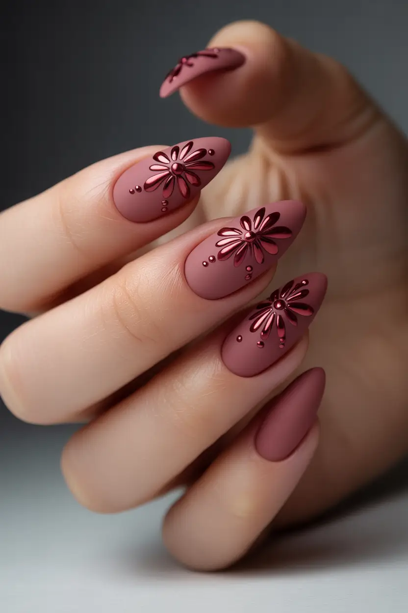 best spring nail colors 2026 Matte Rosewood Nails With Metallic Flower Embellishments