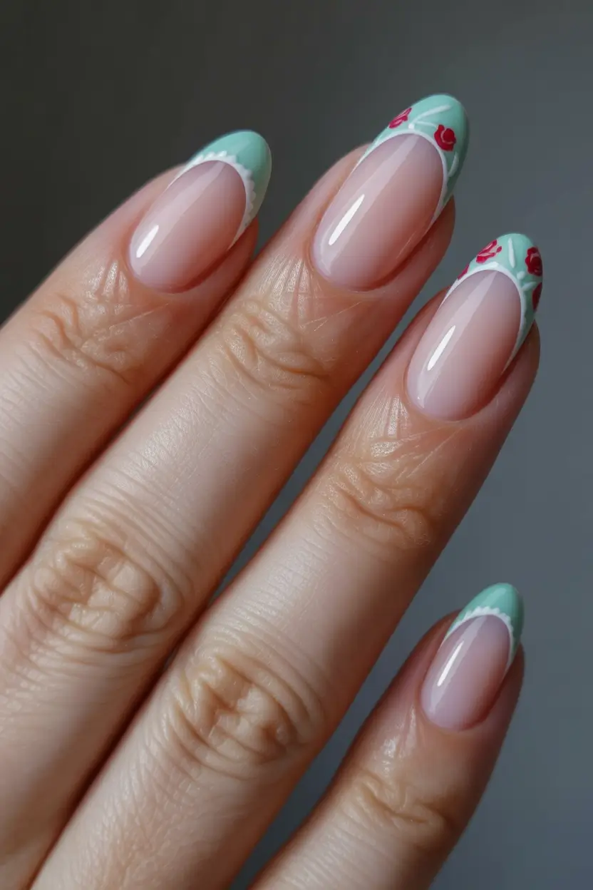 spring nail colors 2026 Mint French Tips With Floral Whispers