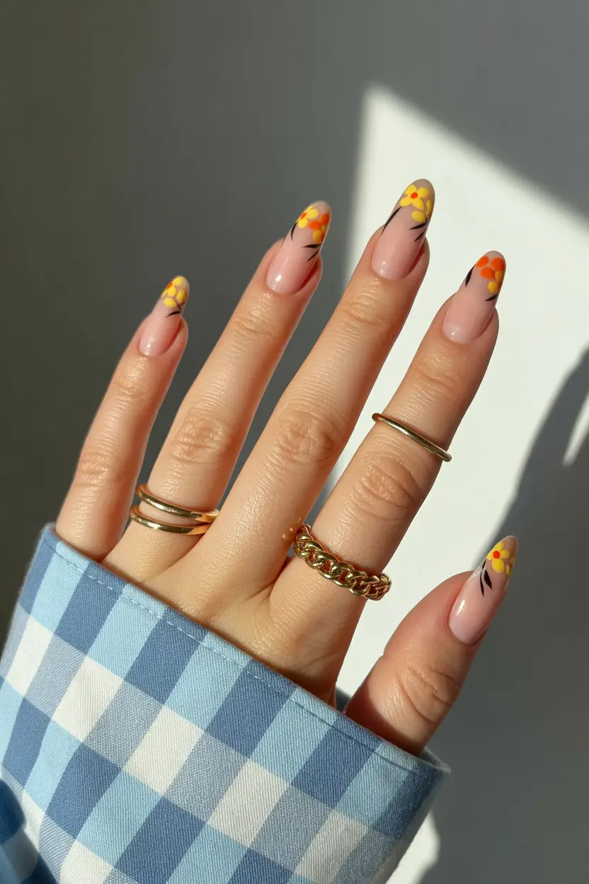 spring nail colors 2026 Sunny Yellow Florals With Soft Pink Base