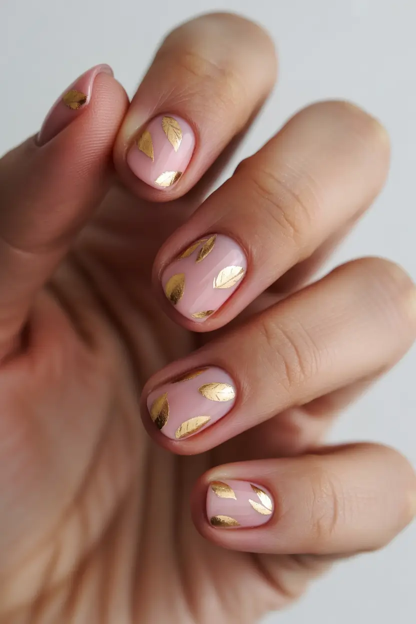 best spring nail colors 2026 Blush Pink With Subtle Gold Leaf Accents