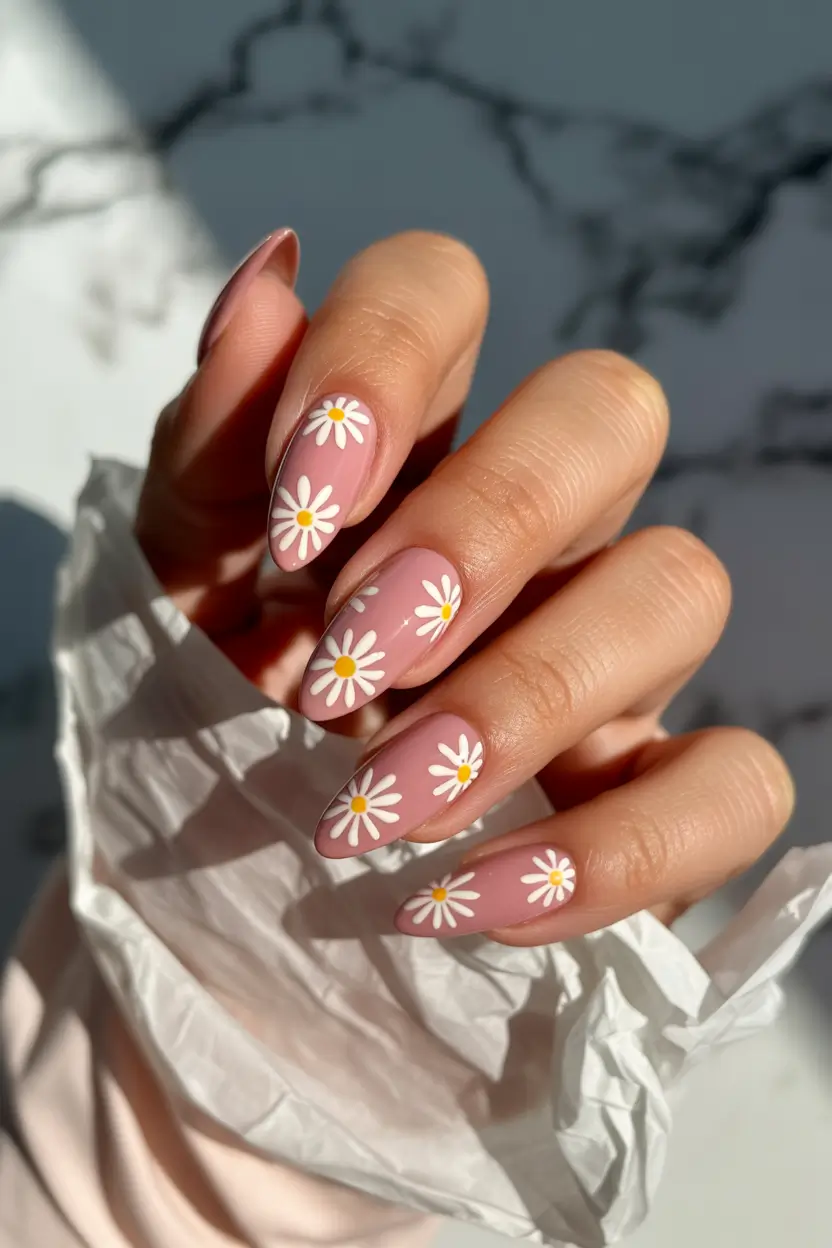 spring nail colors 2026 Daisy Dreams On Blush Pink Nails