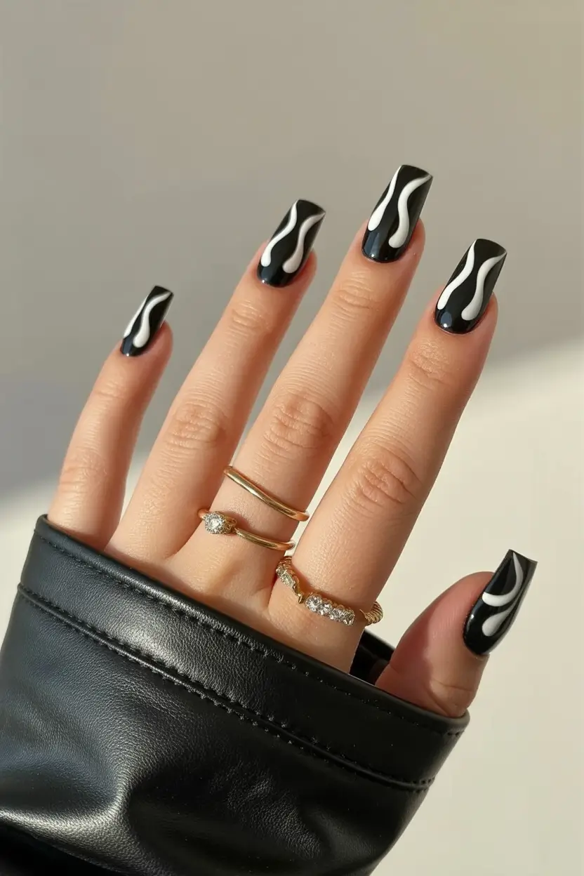 spring nail colors 2026 Black And White Graphic French Revival