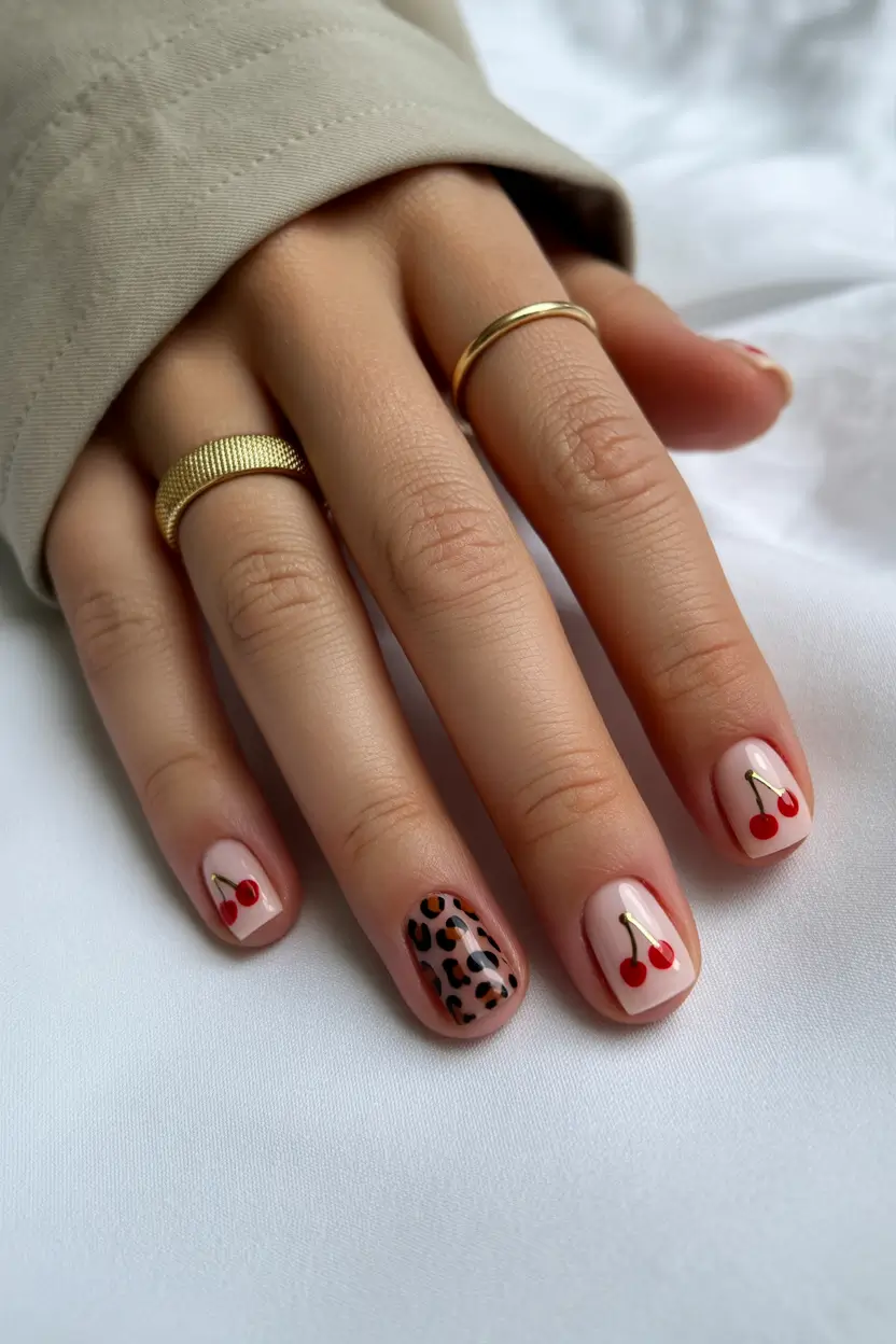 spring nail colors 2026 Playful Cherry And Leopard Accent Nails