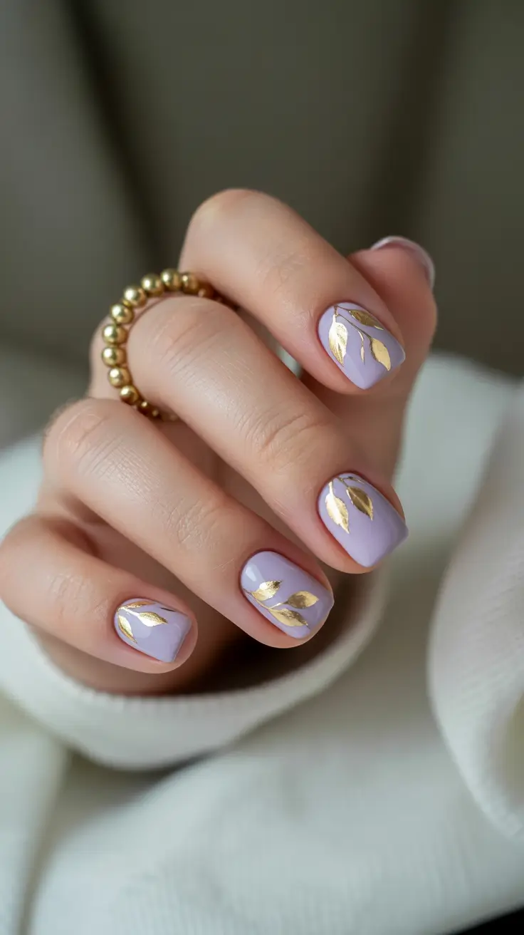 best spring nail colors 2026 Lavender Gel With Elegant Gold Leaf Motifs
